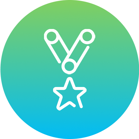A simple graphic depicting a white star shaped medal on a green and blue background