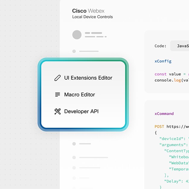 Screenshot of Cisco Control Hub highlighting UI extensions editor, macro editor, and developer API features.